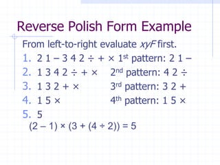 Reverse Polish Form Example
From left-to-right evaluate xyF first.
1. 2 1 – 3 4 2 ÷ + × 1st pattern: 2 1 –
2. 1 3 4 2 ÷ + × 2nd pattern: 4 2 ÷
3. 1 3 2 + ×         3rd pattern: 3 2 +
4. 1 5 ×             4th pattern: 1 5 ×
5. 5
 (2 – 1) × (3 + (4 ÷ 2)) = 5
 
