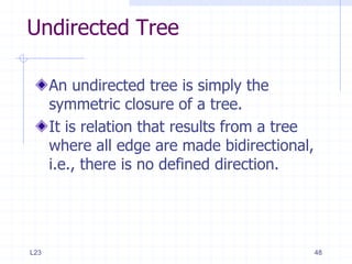 Undirected Tree

      An undirected tree is simply the
      symmetric closure of a tree.
      It is relation that results from a tree
      where all edge are made bidirectional,
      i.e., there is no defined direction.




L23                                             48
 