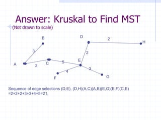 Answer: Kruskal to Find MST
  (Not drawn to scale)

                     B                   D
                                                     2
                                                                    H

             3                               2

                                 5       E
  A                      C
                 2
                                                 3
                                     4
                             F                       G


Sequence of edge selections (D,E), (D,H)(A,C)(A,B)(E,G)(E,F)(C,E)
=2+2+2+3+3+4+5=21,
 