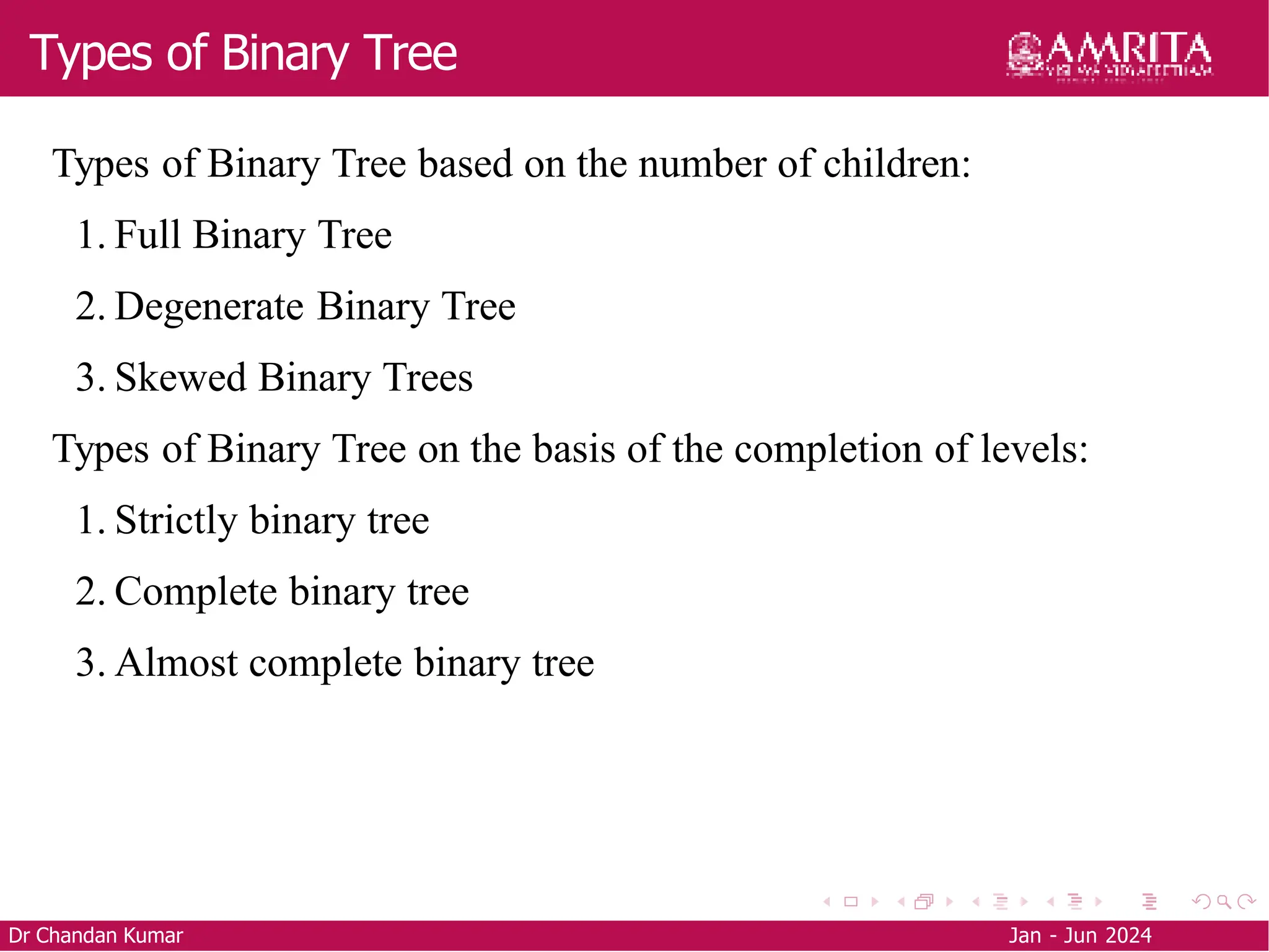 Types of Binary Tree
Dr Chandan Kumar Jan - Jun 2024
Types of Binary Tree based on the number of children:
1. Full Binary Tree
2. Degenerate Binary Tree
3. Skewed Binary Trees
Types of Binary Tree on the basis of the completion of levels:
1. Strictly binary tree
2. Complete binary tree
3. Almost complete binary tree
 