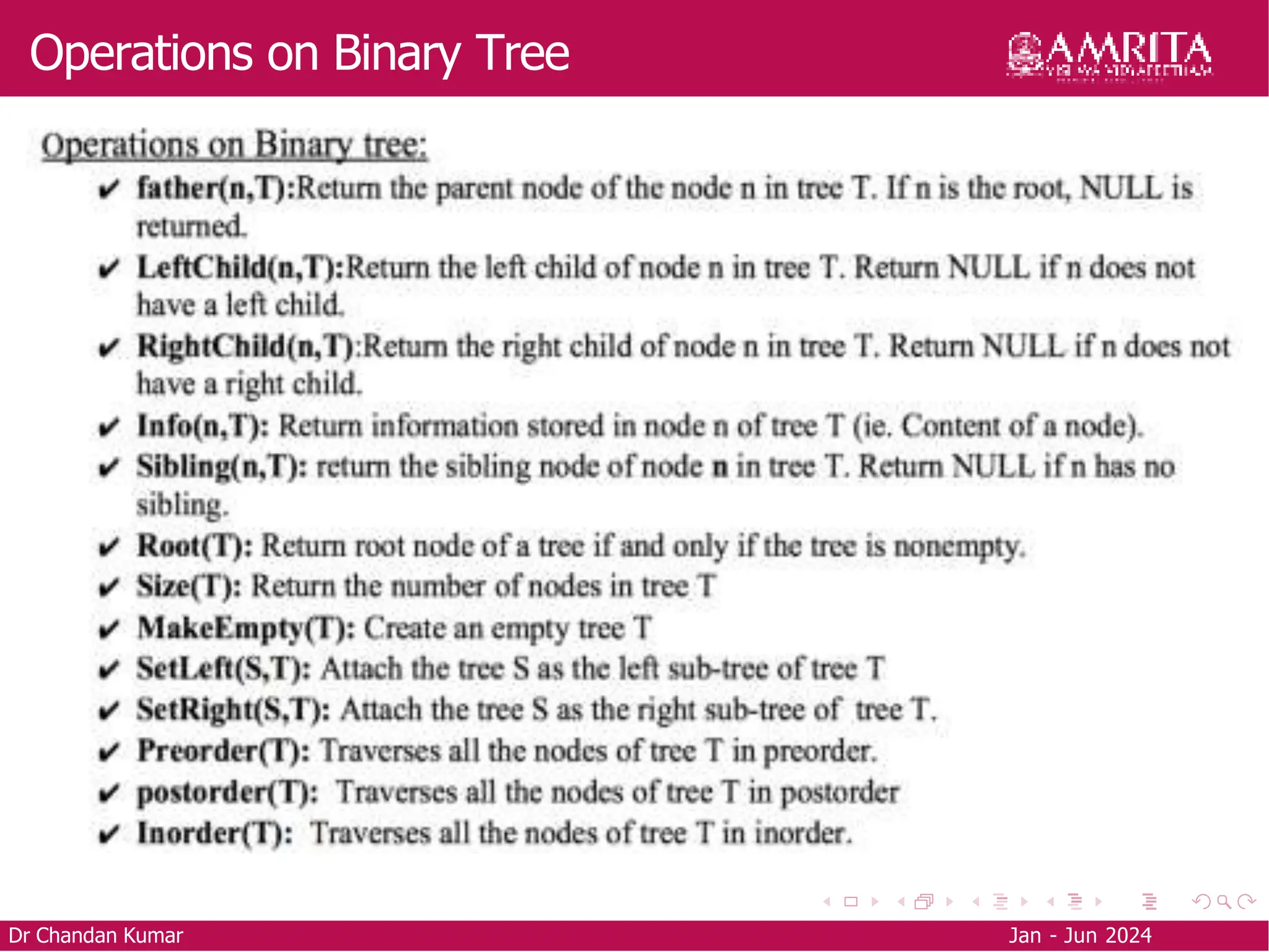 Operations on Binary Tree
Dr Chandan Kumar Jan - Jun 2024
 