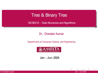 Tree & Binary Tree
19CSE212 : Data Structures and Algorithms
Dr. Chandan Kumar
Department of Computer Science and Engineering
Jan - Jun 2024
Dr Chandan Kumar Jan - Jun 2024
 