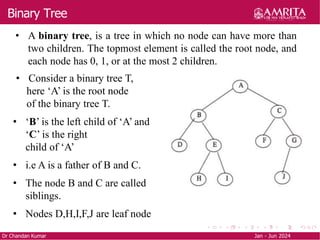 Binary Tree
Dr Chandan Kumar Jan - Jun 2024
• A binary tree, is a tree in which no node can have more than
two children. The topmost element is called the root node, and
each node has 0, 1, or at the most 2 children.
• Consider a binary tree T,
here ‘A’ is the root node
of the binary tree T.
• ‘B’ is the left child of ‘A’ and
‘C’ is the right
child of ‘A’
• i.e A is a father of B and C.
• The node B and C are called
siblings.
• Nodes D,H,I,F,J are leaf node
 