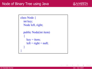 Node of Binary Tree using Java
Dr Chandan Kumar Jan - Jun 2024
class Node {
int key;
Node left, right;
public Node(int item)
{
key = item;
left = right = null;
}
}
 