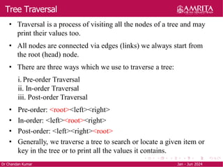 Tree Traversal
Dr Chandan Kumar Jan - Jun 2024
• Traversal is a process of visiting all the nodes of a tree and may
print their values too.
• All nodes are connected via edges (links) we always start from
the root (head) node.
• There are three ways which we use to traverse a tree:
i. Pre-order Traversal
ii. In-order Traversal
iii. Post-order Traversal
• Pre-order: <root><left><right>
• In-order: <left><root><right>
• Post-order: <left><right><root>
• Generally, we traverse a tree to search or locate a given item or
key in the tree or to print all the values it contains.
 