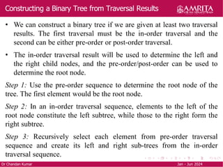 Constructing a Binary Tree from Traversal Results
Dr Chandan Kumar Jan - Jun 2024
• We can construct a binary tree if we are given at least two traversal
results. The first traversal must be the in-order traversal and the
second can be either pre-order or post-order traversal.
• The in-order traversal result will be used to determine the left and
the right child nodes, and the pre-order/post-order can be used to
determine the root node.
Step 1: Use the pre-order sequence to determine the root node of the
tree. The first element would be the root node.
Step 2: In an in-order traversal sequence, elements to the left of the
root node constitute the left subtree, while those to the right form the
right subtree.
Step 3: Recursively select each element from pre-order traversal
sequence and create its left and right sub-trees from the in-order
traversal sequence.
 