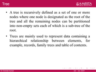 Tree
Dr Chandan Kumar Jan - Jun 2024
• A tree is recursively defined as a set of one or more
nodes where one node is designated as the root of the
tree and all the remaining nodes can be partitioned
into non-empty sets each of which is a sub-tree of the
root.
• Trees are mainly used to represent data containing a
hierarchical relationship between elements, for
example, records, family trees and table of contents.
 