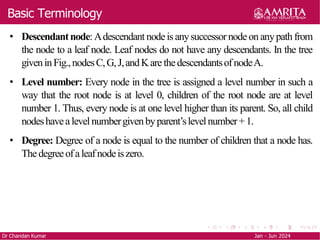 Basic Terminology
• Descendantnode:Adescendant nodeis anysuccessornodeon anypath from
the node to a leaf node. Leaf nodes do not have any descendants. In the tree
giveninFig.,nodesC,G,J,andKare thedescendantsofnodeA.
• Level number: Every node in the tree is assigned a level number in such a
way that the root node is at level 0, children of the root node are at level
number 1. Thus, every node is at one level higher than its parent. So, all child
nodeshavealevel numbergivenbyparent’slevelnumber+1.
• Degree: Degree of a node is equal to the number of children that a node has.
Thedegreeofaleafnodeiszero.
Dr Chandan Kumar Jan - Jun 2024
 
