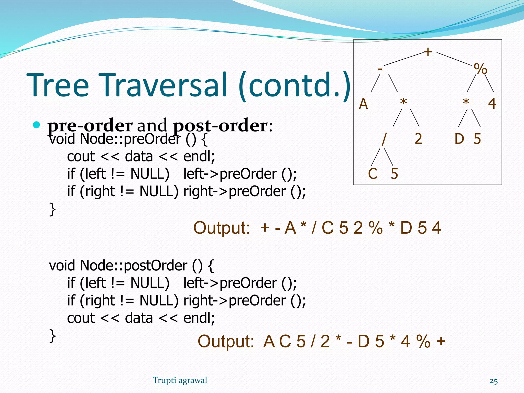 Tree Traversal (contd.) 
 pre-order and post-order: 
void Node::preOrder () { 
cout << data << endl; 
if (left != NULL) left->preOrder (); 
if (right != NULL) right->preOrder (); 
} 
void Node::postOrder () { 
if (left != NULL) left->preOrder (); 
if (right != NULL) right->preOrder (); 
cout << data << endl; 
} 
+ 
- % 
A * * 4 
/ 2 D 5 
C 5 
Output: + - A * / C 5 2 % * D 5 4 
Output: A C 5 / 2 * - D 5 * 4 % + 
Trupti agrawal 25 
 