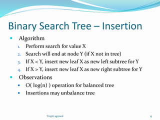 Binary Search Tree – Insertion 
 Algorithm 
1. Perform search for value X 
2. Search will end at node Y (if X not in tree) 
3. If X < Y, insert new leaf X as new left subtree for Y 
4. If X > Y, insert new leaf X as new right subtree for Y 
 Observations 
 O( log(n) ) operation for balanced tree 
 Insertions may unbalance tree 
Trupti agrawal 15 
 