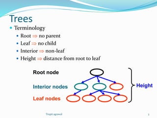 Trees 
 Terminology 
 Root  no parent 
 Leaf  no child 
 Interior  non-leaf 
 Height  distance from root to leaf 
Root node 
Interior nodes Height 
Leaf nodes 
Trupti agrawal 3 
 