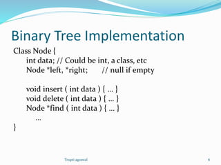 Binary Tree Implementation 
Class Node { 
int data; // Could be int, a class, etc 
Node *left, *right; // null if empty 
void insert ( int data ) { … } 
void delete ( int data ) { … } 
Node *find ( int data ) { … } 
… 
} 
Trupti agrawal 6 
 