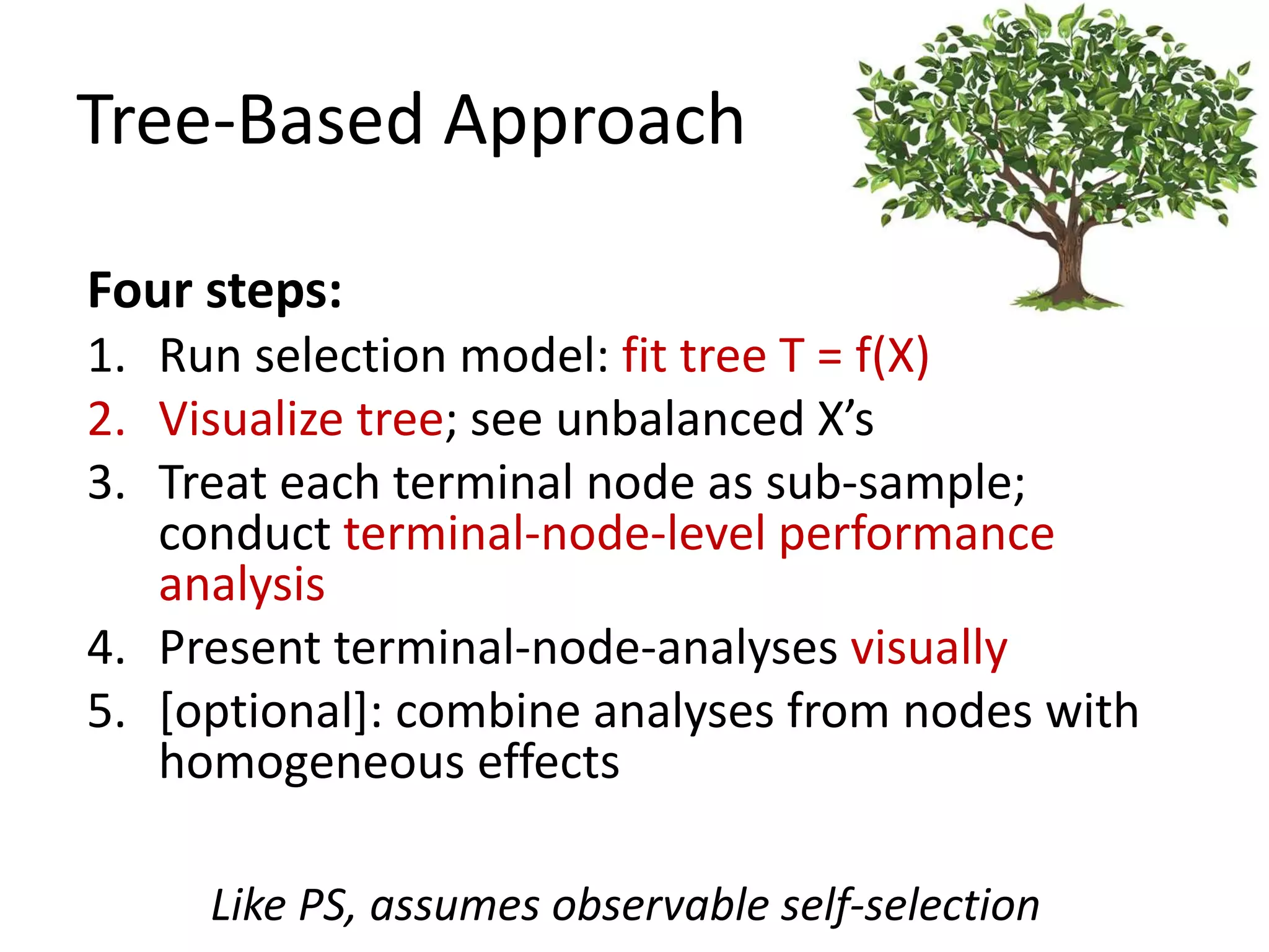 Tree-Based Approach
Four steps:
1. Run selection model: fit tree T = f(X)
2. Visualize tree; see unbalanced X’s
3. Treat each terminal node as sub-sample;
conduct terminal-node-level performance
analysis
4. Present terminal-node-analyses visually
5. [optional]: combine analyses from nodes with
homogeneous effects
Like PS, assumes observable self-selection
 