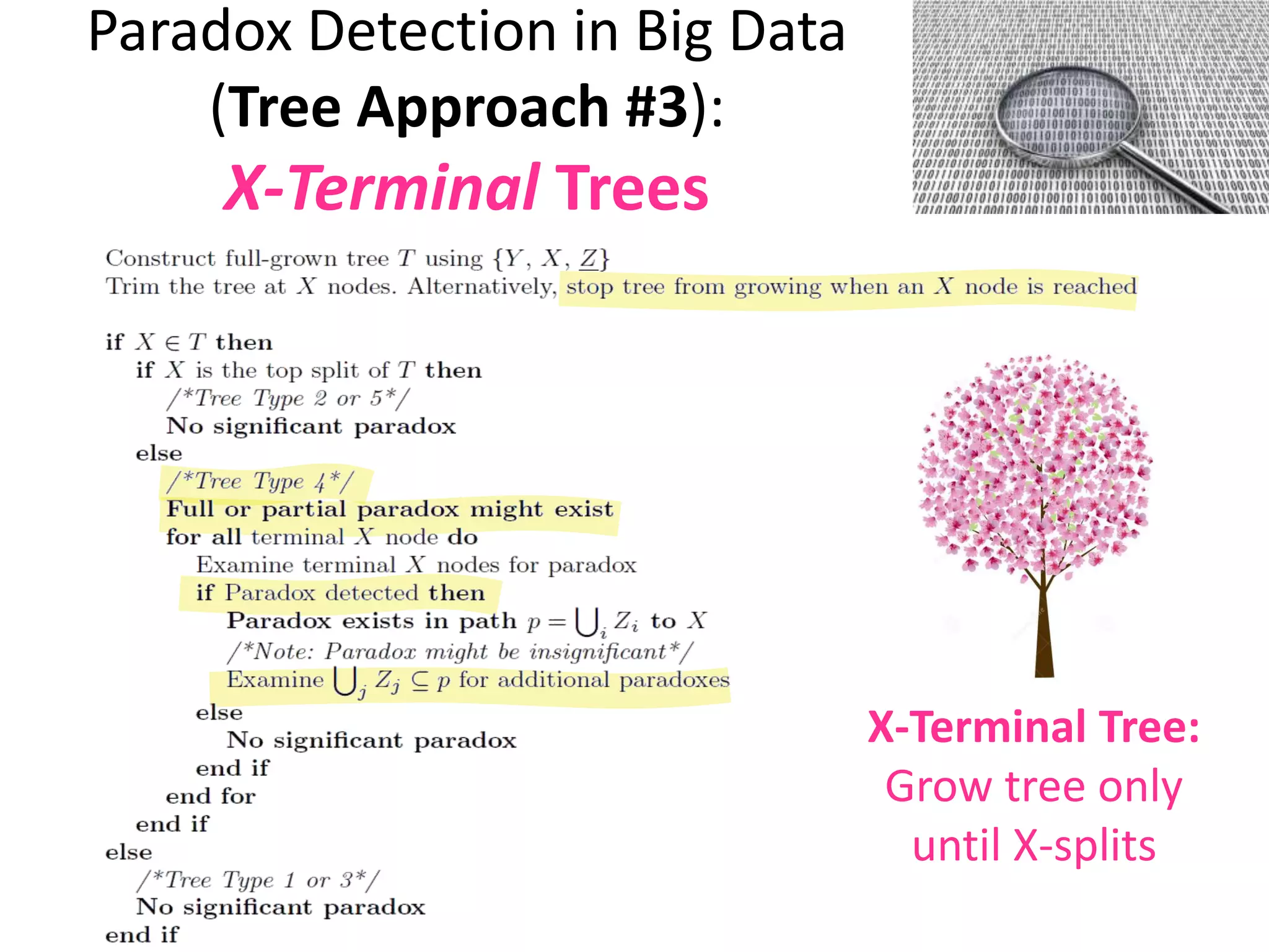 Paradox Detection in Big Data
(Tree Approach #3):
X-Terminal Trees
X-Terminal Tree:
Grow tree only
until X-splits
 