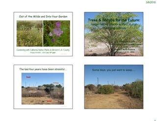 3/6/2016
© Project SOUND
Out of the Wilds and Into Your Garden
Gardening with California Native Plants in Western L.A. County
Project SOUND – 2016 (our 12th year)
© Project SOUND
Trees & Shrubs for the Future:
large native plants suited to our
changing climate
C.M. Vadheim and T. Drake
CSUDH (emeritus) & Madrona Marsh Preserve
Madrona Marsh Preserve
February 6 & 11, 2016
The last four years have been stressful…
© Project SOUND
heat
smog
drought
wind
unusual rain patterns
© Project SOUND
Some days, you just want to weep….
 