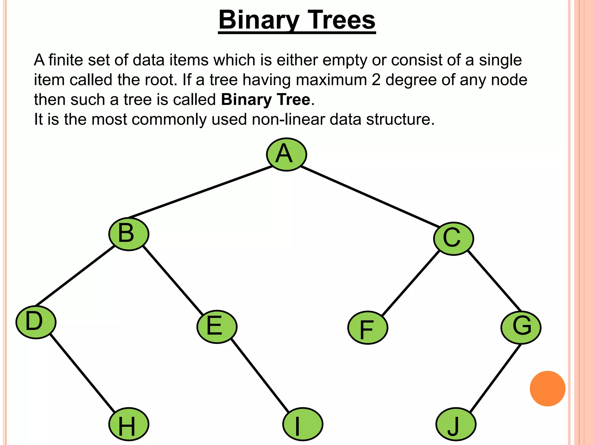 Binary Trees
A finite set of data items which is either empty or consist of a single
item called the root. If a tree having maximum 2 degree of any node
then such a tree is called Binary Tree.
It is the most commonly used non-linear data structure.
D
A
B
E
H I
C
J
GF
 