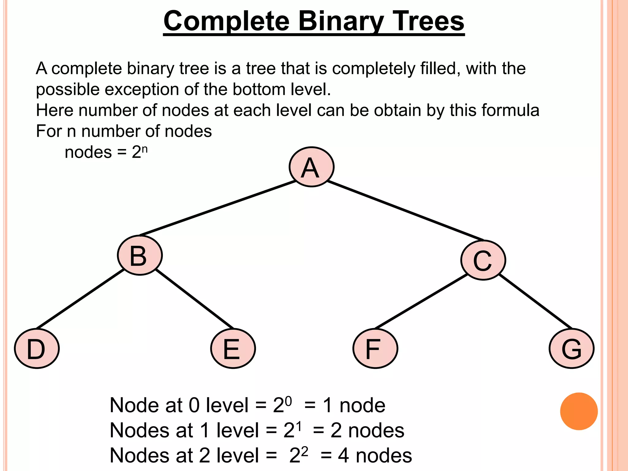 Complete Binary Trees
A complete binary tree is a tree that is completely filled, with the
possible exception of the bottom level.
Here number of nodes at each level can be obtain by this formula
For n number of nodes
nodes = 2n
D
A
B
E F G
C
Node at 0 level = 20 = 1 node
Nodes at 1 level = 21 = 2 nodes
Nodes at 2 level = 22 = 4 nodes
 