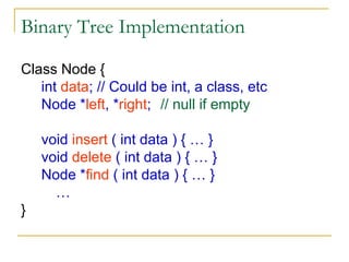 Binary Tree Implementation
Class Node {
int data; // Could be int, a class, etc
Node *left, *right; // null if empty
void insert ( int data ) { … }
void delete ( int data ) { … }
Node *find ( int data ) { … }
…
}
 
