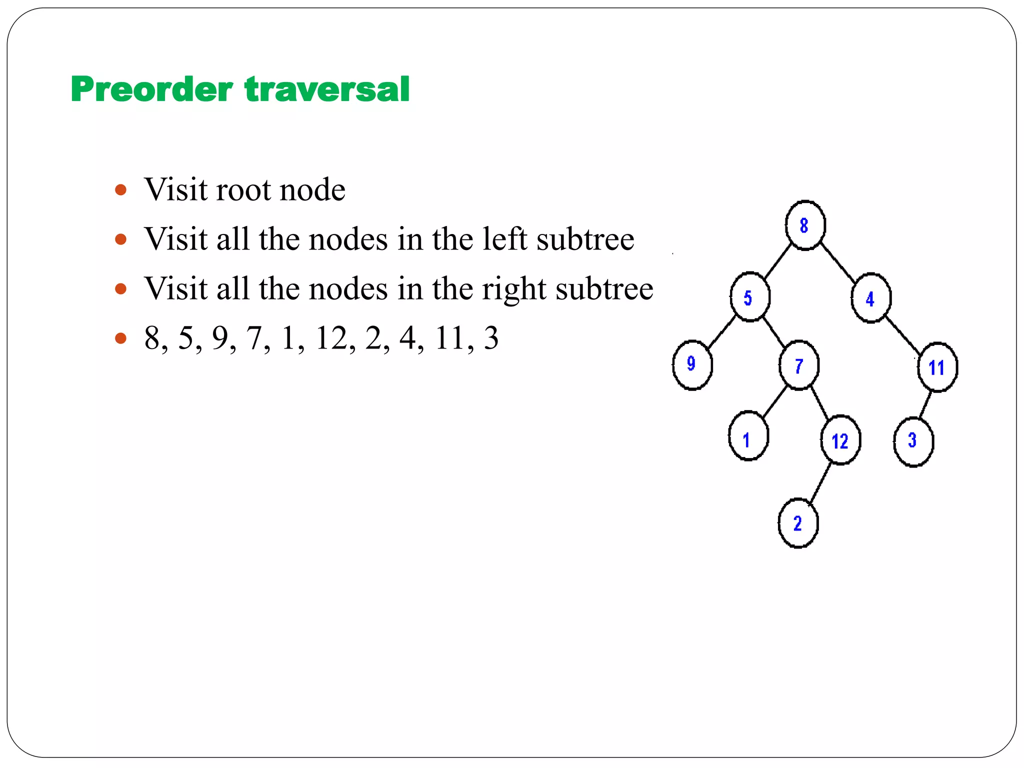 Preorder traversal
 Visit root node
 Visit all the nodes in the left subtree
 Visit all the nodes in the right subtree
 8, 5, 9, 7, 1, 12, 2, 4, 11, 3
 