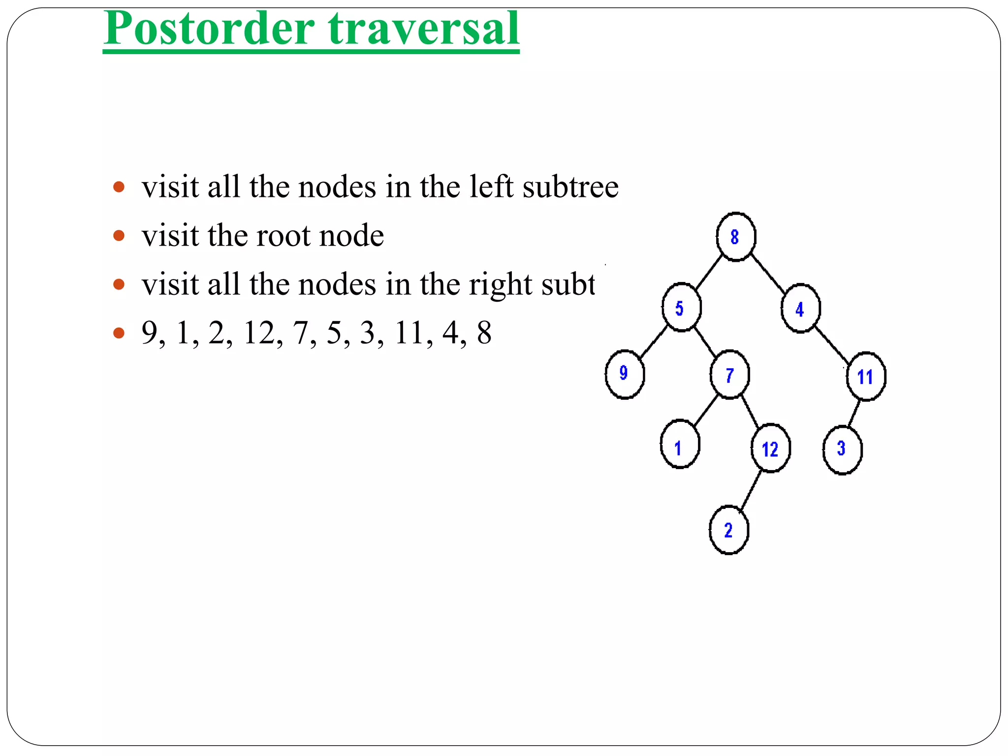 Postorder traversal
 visit all the nodes in the left subtree
 visit the root node
 visit all the nodes in the right subtree
 9, 1, 2, 12, 7, 5, 3, 11, 4, 8
 