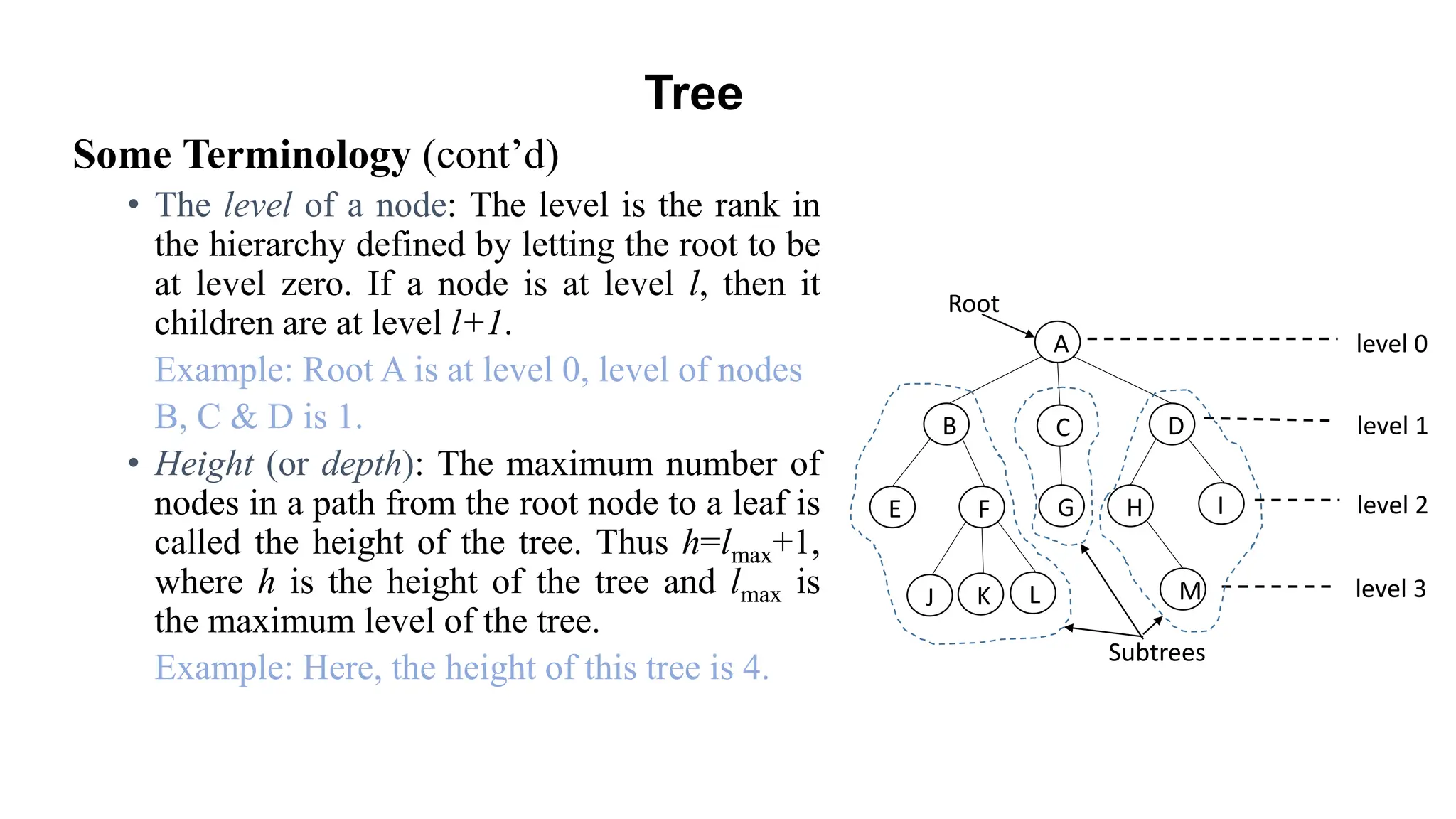 Some Terminology (cont’d)
• The level of a node: The level is the rank in
the hierarchy defined by letting the root to be
at level zero. If a node is at level l, then it
children are at level l+1.
Example: Root A is at level 0, level of nodes
B, C & D is 1.
• Height (or depth): The maximum number of
nodes in a path from the root node to a leaf is
called the height of the tree. Thus h=lmax+1,
where h is the height of the tree and lmax is
the maximum level of the tree.
Example: Here, the height of this tree is 4.
Tree
level 0
level 1
level 2
level 3
A
B C D
E F G H I
J K L M
Subtrees
Root
 