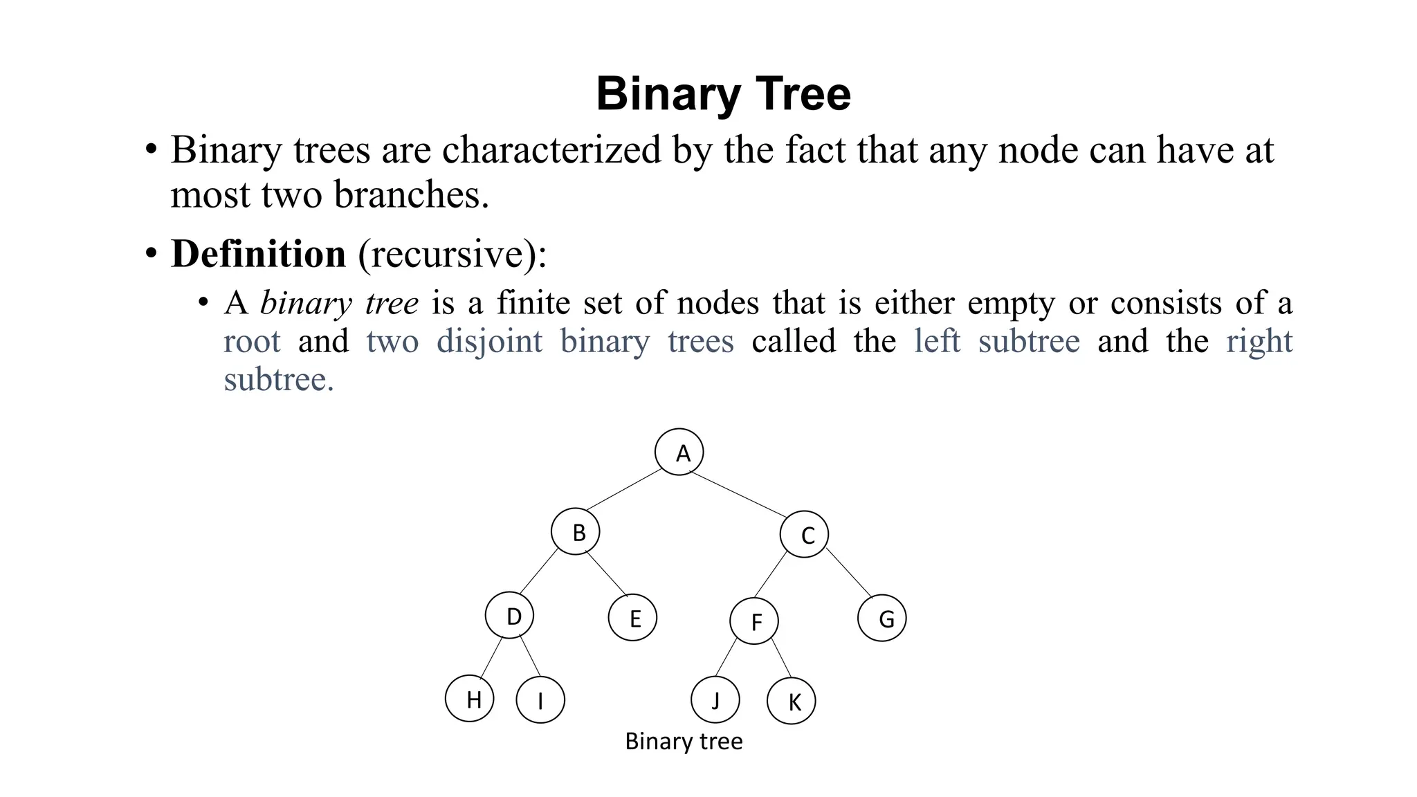 • Binary trees are characterized by the fact that any node can have at
most two branches.
• Definition (recursive):
• A binary tree is a finite set of nodes that is either empty or consists of a
root and two disjoint binary trees called the left subtree and the right
subtree.
A
B C
D F
H I
E G
J K
Binary Tree
Binary tree
 
