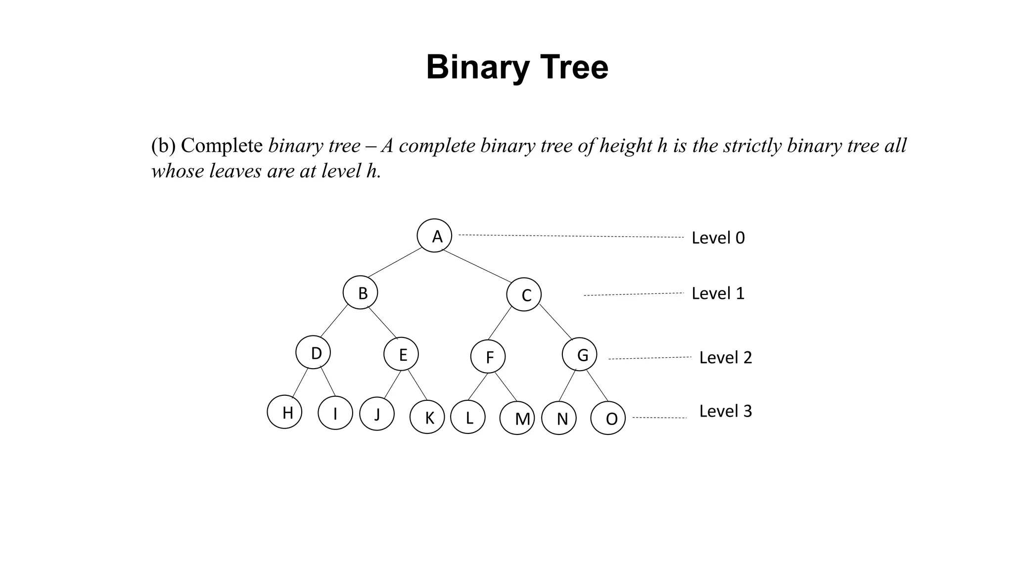 (b) Complete binary tree – A complete binary tree of height h is the strictly binary tree all
whose leaves are at level h.
A
B C
D F
H I
Level 0
Level 1
Level 2
Level 3
E G
J K L M N O
Binary Tree
 