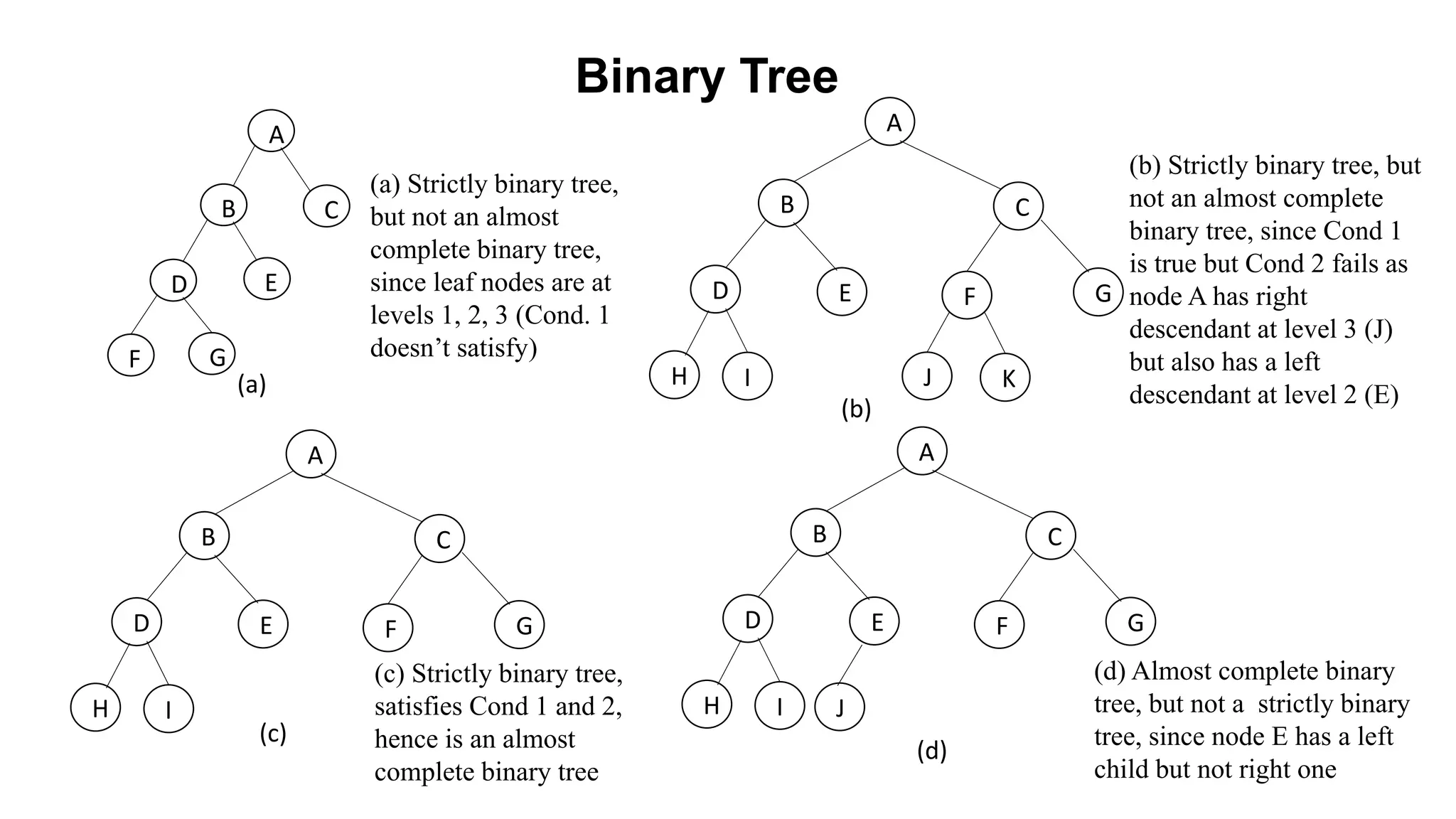 Binary Tree
A
B C
D E
F G
(a)
A
B C
D F
H I
E G
J
A
B C
D F
H I
E G
J K
A
B C
D F
H I
E G
(a) Strictly binary tree,
but not an almost
complete binary tree,
since leaf nodes are at
levels 1, 2, 3 (Cond. 1
doesn’t satisfy)
(b)
(b) Strictly binary tree, but
not an almost complete
binary tree, since Cond 1
is true but Cond 2 fails as
node A has right
descendant at level 3 (J)
but also has a left
descendant at level 2 (E)
(c)
(c) Strictly binary tree,
satisfies Cond 1 and 2,
hence is an almost
complete binary tree
(d) Almost complete binary
tree, but not a strictly binary
tree, since node E has a left
child but not right one
(d)
 