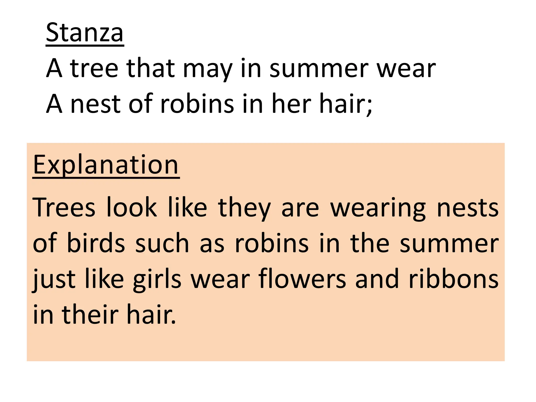 Stanza
A tree that may in summer wear
A nest of robins in her hair;
Explanation
Trees look like they are wearing nests
of birds such as robins in the summer
just like girls wear flowers and ribbons
in their hair.
 