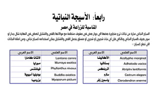 :ً‫ا‬‫رابع‬‫النباتية‬‫األسيجة‬
‫للزراعة‬‫ملناسبة‬‫ا‬‫مصر‬‫يف‬
‫شكل‬‫النهاية‬‫في‬‫لتعطي‬‫والتشكيل‬‫بالقص‬‫مواالتها‬‫مع‬‫منتظمة‬‫صفوف‬‫في‬‫بعض‬‫جوار‬‫الي‬‫بعضها‬‫متجاورة‬‫تزرع‬‫نباتات‬‫عن‬‫عبارة‬‫النباتي‬‫السياج‬‫أو‬‫ددار‬‫ج‬
‫بال‬‫درف‬‫ع‬‫ي‬‫دور‬‫س‬‫دجري‬‫ش‬‫دات‬‫ب‬‫ن‬‫أي‬‫دين‬‫ف‬‫دالي‬‫ت‬‫وبال‬‫داتي‬‫ب‬‫الن‬‫دياج‬‫س‬‫ي‬‫أو‬‫دجري‬‫ش‬‫دن‬‫ك‬‫يم‬‫دكيل‬‫ش‬‫والت‬‫دص‬‫ق‬‫ال‬‫دل‬‫م‬‫يتح‬‫دلق‬‫س‬‫مت‬‫أو‬‫دتخدامه‬‫س‬‫ا‬‫داتي‬‫ب‬‫ن‬‫دياج‬‫س‬‫ك‬،‫دات‬‫د‬‫ت‬‫النبا‬‫دة‬‫ل‬‫أمل‬‫دن‬‫م‬‫و‬
:‫كسياج‬‫تصلح‬‫الىت‬-
‫العلمي‬ ‫االسم‬‫العربي‬ ‫االسم‬‫العلمي‬ ‫االسم‬‫العربي‬ ‫االسم‬
Acallypha marginat‫األكاليفيا‬Lantana camra‫كامار‬ ‫النتانا‬‫ا‬
Adhatoda vacica‫بستاشيا‬Murraya exotica‫ميورايا‬
Atriplrx lentiformis‫أتربلكس‬Phyllanthus nivosus‫فيللنتيس‬
Cestrum elegans‫سرتم‬Buddlia asiatica‫بوديليا‬‫آسيوية‬
Clerodendron enerme‫زفر‬ ‫يامسني‬Myoporum pictum‫بزر‬‫و‬‫مييا‬
 