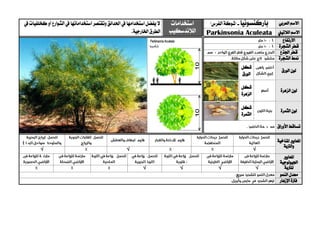 ‫العربي‬ ‫االسم‬‫باركنسونيا‬-"‫الفرس‬‫شوكة‬"‫استخدامات‬
‫الالندسكيب‬
‫يف‬ ‫كخلفيات‬ ‫أو‬‫الشوارع‬ ‫يف‬‫استخداماتها‬ ‫وتقتصر‬ ‫احلدائق‬ ‫يف‬‫استخدامها‬ ‫يفضل‬‫ال‬
‫اخلارجية‬ ‫الطرق‬. ‫الالتيين‬ ‫االسم‬Parkinsonia Aculeata
‫االرتفاع‬
‫الشجرة‬ ‫قطر‬
‫اجلذع‬ ‫قطر‬
‫الشجرة‬ ‫منط‬
‫الورق‬ ‫لون‬
‫شكل‬
‫الورق‬
‫الزهرة‬ ‫لون‬
‫شكل‬
‫الزهرة‬
‫الثمرة‬ ‫لون‬
‫شكل‬
‫الثمرة‬
‫األوراق‬ ‫تساقط‬
‫ا‬‫ملعايري‬‫املناخية‬
‫والرتبة‬
√√√
‫ا‬‫ملعايري‬
‫اجليولوجية‬
‫ل‬‫لرتبة‬√√√√
‫النمو‬ ‫معدل‬
‫اإلزهار‬ ‫فرتة‬
 