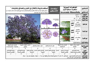 ‫العربي‬ ‫االسم‬
‫اجلاكراندا‬‫امليموزية‬
"‫الورق‬ ‫مستحية‬ ‫جاكرندا‬"‫استخدامات‬
‫الالندسكيب‬
‫للزينة‬ ‫تستخدم‬‫واإلظالل‬‫واملنتزهات‬ ‫واحلدائق‬ ‫الشوارع‬ ‫يف‬.
‫الالتيين‬ ‫االسم‬Jacaranda Mimosifolia
‫االرتفاع‬
‫الشجرة‬ ‫قطر‬
‫اجلذع‬ ‫قطر‬
‫الشجرة‬ ‫منط‬
‫الورق‬ ‫لون‬
‫شكل‬
‫الورق‬
‫الزهرة‬ ‫لون‬
‫شكل‬
‫الزهرة‬
‫الثمرة‬ ‫لون‬
‫شكل‬
‫الثمرة‬
‫األوراق‬ ‫تساقط‬
‫ا‬‫ملعايري‬‫املناخية‬
‫والرتبة‬
√√√√
‫ا‬‫ملعايري‬
‫اجليولوجية‬
‫ل‬‫لرتبة‬√√√
‫النمو‬ ‫معدل‬
‫اإلزهار‬ ‫فرتة‬
 