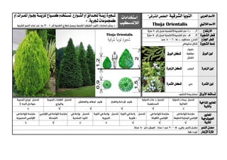 ‫العربي‬ ‫االسم‬‫التويا‬‫الشرقية‬"‫الشرقي‬ ‫العفص‬"‫استخدامات‬
‫الالندسكيب‬
‫يج‬‫ي‬‫ش‬‫ري‬‫ية‬‫ي‬‫زين‬‫ة‬‫لل‬‫يدائق‬‫ي‬‫ح‬،‫يوارع‬‫ي‬‫الش‬‫أو‬‫يتخدم‬‫ي‬‫تس‬‫ية‬‫ي‬‫للزين‬‫يياج‬‫ي‬‫كس‬‫يرات،أو‬‫ي‬‫ملم‬‫ا‬‫يوار‬‫ي‬‫جب‬
.‫شجرية‬‫كمجموعات‬
‫الالتيين‬ ‫االسم‬Thuja Orientalis
‫االرتفاع‬
‫الشج‬ ‫قطر‬‫ري‬‫ة‬
‫اجلذع‬ ‫قطر‬
‫الشج‬ ‫منط‬‫ري‬‫ة‬
‫الورق‬ ‫لون‬‫الورق‬ ‫شكل‬
‫الزهرة‬ ‫لون‬‫الزهرة‬ ‫شكل‬
‫الثمرة‬ ‫لون‬‫الثمرة‬ ‫شكل‬
‫األوراق‬ ‫تساقط‬
‫ا‬‫ملعايري‬‫املناخية‬
‫والرتبة‬
√√√√
‫ا‬‫ملعايري‬
‫اجليولوجية‬
‫ل‬‫لرتبة‬√√√√
‫النمو‬ ‫معدل‬
‫اإلزهار‬ ‫فرتة‬
 