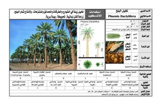 ‫العربي‬ ‫االسم‬‫خنيل‬‫البلح‬‫استخدامات‬
‫الالندسكيب‬
‫خنيل‬‫زينة‬‫وإلنتاج‬،‫واملنتزهات‬‫واحلدائق‬‫والطرقات‬‫الشوارع‬‫يف‬‫ا‬‫مثار‬‫لبل‬‫ح‬،
،‫نباتية‬‫كتل‬‫زراعة‬‫حتويطة‬.‫برية‬‫بيئة‬، ‫الالتيين‬ ‫االسم‬Phoenix Dactylifera
‫االرتفاع‬
‫قطر‬‫النبات‬
‫اجلذع‬ ‫قطر‬
‫منط‬‫النبات‬
‫الورق‬ ‫لون‬‫شكل‬
‫الورق‬
‫الزهرة‬ ‫لون‬
‫شكل‬
‫الزهرة‬
‫الذكر‬
‫الثمرة‬ ‫لون‬‫شكل‬
‫الثمرة‬
‫األوراق‬ ‫تساقط‬
‫ا‬‫ملعايري‬‫املناخية‬
‫والرتبة‬
√√√√
‫ا‬‫ملعايري‬
‫اجليولوجية‬
‫ل‬‫لرتبة‬√√√
‫النمو‬ ‫معدل‬
‫اإلزهار‬ ‫فرتة‬
 