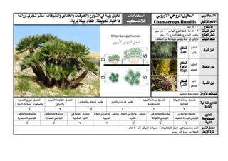‫العربي‬ ‫االسم‬‫ال‬‫نخيل‬‫املروحي‬‫األوروبي‬‫استخدامات‬
‫الالندسكيب‬
‫خنيل‬‫زينة‬‫واملنتزهات‬ ‫واحلدائق‬‫والطرقات‬‫الشوارع‬‫يف‬،‫زراعة‬،‫شجري‬ ‫ساتر‬
،‫طعام‬،‫حتويطة‬،‫داخلية‬‫برية‬ ‫بيئة‬. ‫الالتيين‬ ‫االسم‬Chamaerops Humilis
‫االرتفاع‬
‫قطر‬‫النبات‬
‫ا‬ ‫قطر‬‫جلذع‬
‫منط‬‫النبات‬
‫الورق‬ ‫لون‬‫شكل‬
‫الورق‬
‫الزهرة‬ ‫لون‬
‫شكل‬
‫الزهرة‬
‫املؤنثة‬
‫الثمرة‬ ‫لون‬‫شكل‬
‫الثمرة‬
‫األوراق‬ ‫تساقط‬
‫ا‬‫ملعايري‬‫املناخية‬
‫والرتبة‬
√√√√
‫ا‬‫ملعايري‬
‫اجليولوجية‬
‫ل‬‫لرتبة‬√√√√√√
‫النمو‬ ‫معدل‬
‫اإلزهار‬ ‫فرتة‬
 