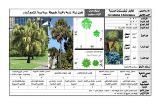 ‫ا‬ ‫االسم‬‫لعربي‬‫خنيل‬‫صينية‬ ‫ليفيستونا‬‫استخدامات‬
‫الالندسكيب‬‫خنيل‬‫زينة‬،‫داخلية‬‫زراعة‬،‫حتويطة‬‫شوارع‬ ‫تشجري‬،‫برية‬‫بيئة‬،.
‫الالتيين‬ ‫االسم‬Livistona Chinensis
‫االرتفاع‬
‫قطر‬‫النبات‬
‫اجلذع‬ ‫قطر‬
‫منط‬‫النبات‬
‫الورق‬ ‫لون‬‫شكل‬
‫الورق‬
‫الزهرة‬ ‫لون‬‫شكل‬
‫الزهرة‬
‫الثمرة‬ ‫لون‬‫شكل‬
‫الثمرة‬
‫األوراق‬ ‫تساقط‬
‫ا‬‫ملعايري‬‫املناخية‬
‫والرتبة‬
√√√
‫ا‬‫ملعايري‬
‫اجليولوجية‬
‫ل‬‫لرتبة‬√√√
‫النمو‬ ‫معدل‬
‫اإلزهار‬ ‫فرتة‬
 