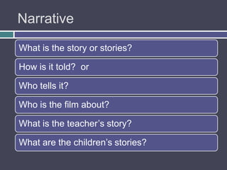 Narrative

What is the story or stories?

How is it told? or

Who tells it?

Who is the film about?

What is the teacher‟s story?

What are the children‟s stories?
 