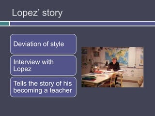 Lopez‟ story


Deviation of style

Interview with
Lopez

Tells the story of his
becoming a teacher
 