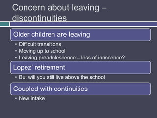 Concern about leaving –
discontinuities
Older children are leaving
• Difficult transitions
• Moving up to school
• Leaving preadolescence – loss of innocence?
Lopez‟ retirement
• But will you still live above the school

Coupled with continuities
• New intake
 