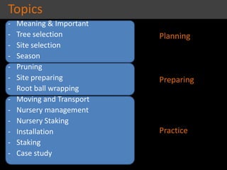Planning
Preparing
Practice
Topics
- Meaning & Important
- Tree selection
- Site selection
- Season
- Pruning
- Site preparing
- Root ball wrapping
- Moving and Transport
- Nursery management
- Nursery Staking
- Installation
- Staking
- Case study
 
