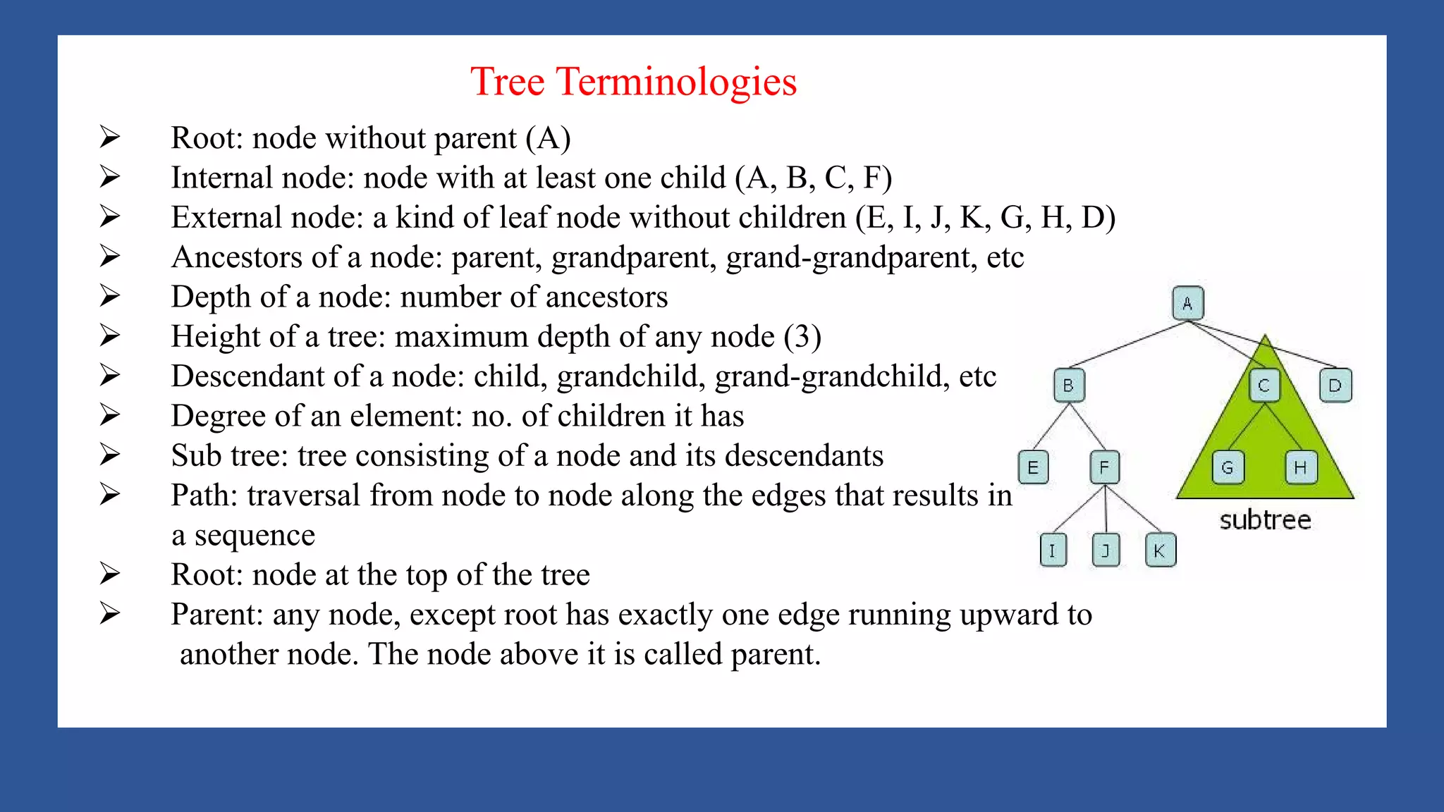 A Tree is a data structure that emulates a hierarchical tree
structure with a set of linked nodes.
It is a data structure accessed beginning at the root node. Each
node is either a leaf or an internal node. An internal node has
one or more child nodes and is called the parent of its child
nodes. All children of the same node are siblings. Contrary to a
physical tree, the root is usually depicted at the top of the
structure, and the leaves are depicted at the bottom.
Ø Root: node without parent (A)
Ø Internal node: node with at least one child (A, B, C, F)
Ø External node: a kind of leaf node without children (E, I, J, K, G, H, D)
Ø Ancestors of a node: parent, grandparent, grand-grandparent, etc
Ø Depth of a node: number of ancestors
Ø Height of a tree: maximum depth of any node (3)
Ø Descendant of a node: child, grandchild, grand-grandchild, etc
Ø Degree of an element: no. of children it has
Ø Sub tree: tree consisting of a node and its descendants
Ø Path: traversal from node to node along the edges that results in
a sequence
Ø Root: node at the top of the tree
Ø Parent: any node, except root has exactly one edge running upward to
another node. The node above it is called parent.
Tree Terminologies
 