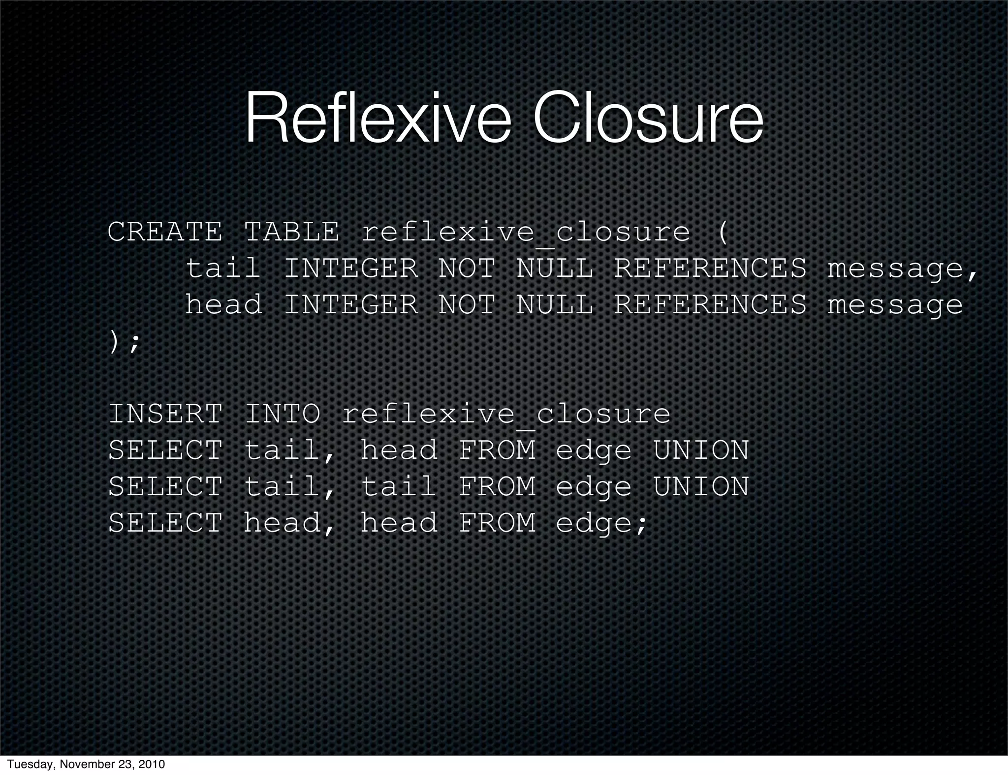 Reﬂexive Closure
CREATE TABLE reflexive_closure (
tail INTEGER NOT NULL REFERENCES message,
head INTEGER NOT NULL REFERENCES message
);
INSERT INTO reflexive_closure
SELECT tail, head FROM edge UNION
SELECT tail, tail FROM edge UNION
SELECT head, head FROM edge;
Tuesday, November 23, 2010
 