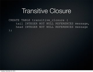 Transitive Closure
CREATE TABLE transitive_closure (
tail INTEGER NOT NULL REFERENCES message,
head INTEGER NOT NULL REFERENCES message
);
Tuesday, November 23, 2010
 
