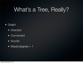 What’s a Tree, Really?
Graph
Directed
Connected
Acyclic
Max(indegree) = 1
Tuesday, November 23, 2010
 