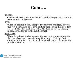 Cont…. Escape: Cancels the edit, restores the text, and changes the row state from editing to selected. TAB: When in editing mode, accepts the current changes, selects the row below, and goes into editing mode with the label text selected. If at the last element in the tree or not in editing mode, sends focus to the next control. Shift-TAB: When in editing mode, accepts the current changes, selects the row above, and goes into editing mode. If at the first element in the tree or not in editing mode, sends focus to the previous control. 