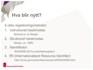 4 ulike registreringsmetoder:
1. Ustrukturert beskrivelse
Skrevet av Jo Nesbø
2. Strukturert beskrivelse
Nesbø, Jo, 1960-
3. Identifikator
90356569 (ID fra autoritetsregister)
4. IRI (Internationalized Resource Identifier)
http://id.loc.gov/authorities/names/n2002049296.html
Hva blir nytt?
 