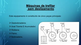 Máquinas de trefilar
sem deslizamento
Este equipamento é constituído de cinco peças principais:
Desbobinadeira;
Anel Tirante E Acumulador;
Roldana;
Fieira;
Bobinadeira.
 