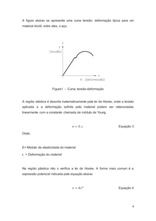 A figura abaixo se apresenta uma curva tensão- deformação típica para um 
material dúctil, entre eles, o aço. 
4 
Figura1 - Curva tensão-deformação 
A região elástica é descrita matematicamente pela lei de Hooke, onde a tensão 
aplicada e a deformação sofrida pelo material podem ser relacionadas 
linearmente com a constante chamada de módulo de Young 
휎 = 퐸. 휀 Equação 3 
Onde: 
E= Módulo de elasticidade do material 
ε = Deformação do material 
Na região plástica não s verifica a lei de Hooke. A forma mais comum é a 
expressão potencial indicada pela equação abaixo 
휎 = 퐾휀푛 Equação 4 
 