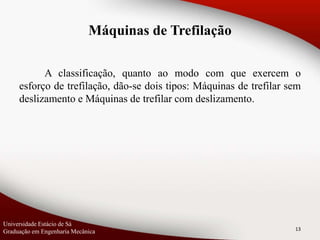 Máquinas de Trefilação
A classificação, quanto ao modo com que exercem o
esforço de trefilação, dão-se dois tipos: Máquinas de trefilar sem
deslizamento e Máquinas de trefilar com deslizamento.
13
Universidade Estácio de Sá
Graduação em Engenharia Mecânica
 