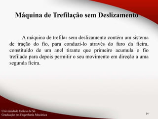 A máquina de trefilar sem deslizamento contém um sistema
de tração do fio, para conduzi-lo através do furo da fieira,
constituído de um anel tirante que primeiro acumula o fio
trefilado para depois permitir o seu movimento em direção a uma
segunda fieira.
14
Máquina de Trefilação sem Deslizamento
Universidade Estácio de Sá
Graduação em Engenharia Mecânica
 